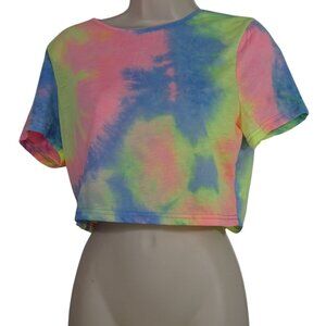 Shein Curve Tie Dye Crop Top Women Size 1XL US 14 Neon Blue Pink Short Sleeve